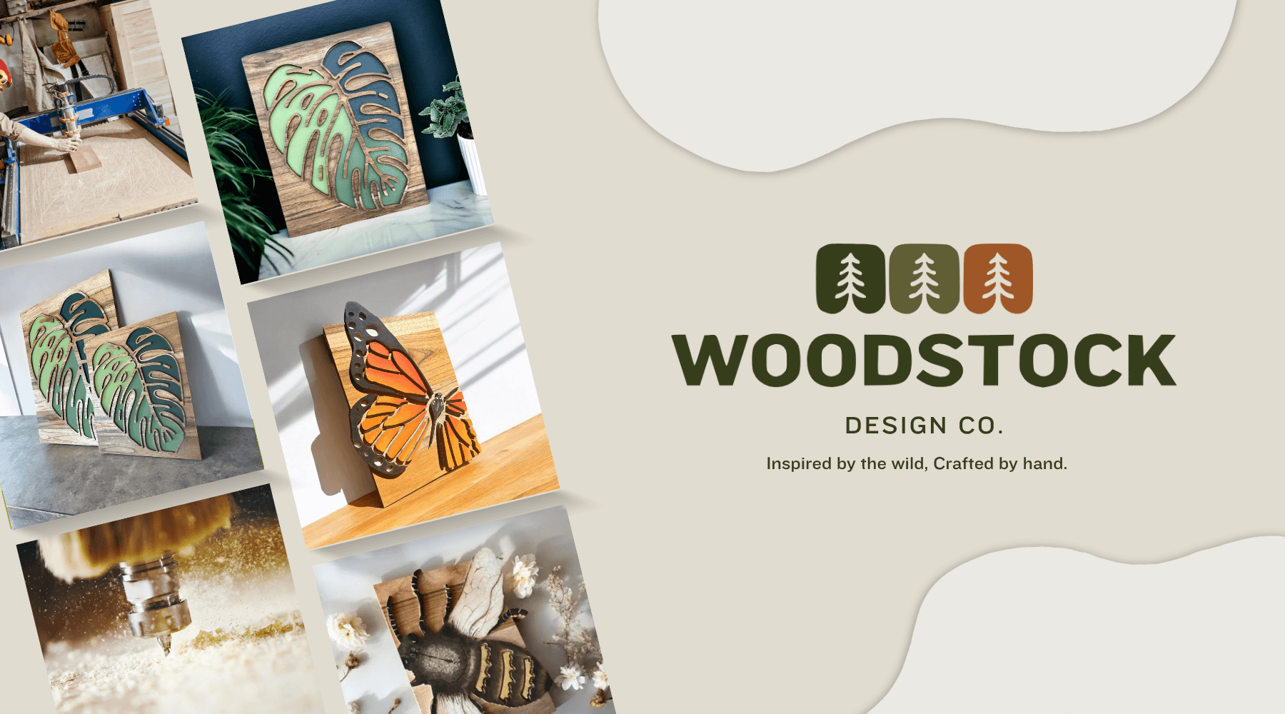 Woodstock Design Co Banner image displaying logo and products with slogan "Inspired by the wild. Crafted by hand."